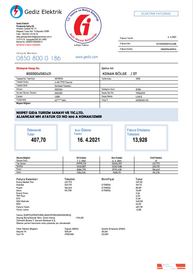 Turkey Gediz Elektrik utility bill template in Word and PDF format, fully editable